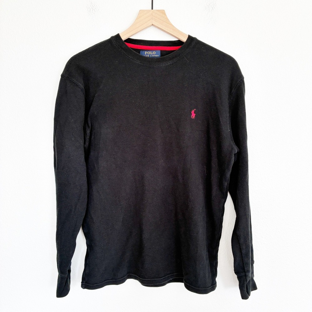 Polo Ralph Lauren Waffle Knit Thermal Shirt Mens M Black Long Sleeve Red Pony